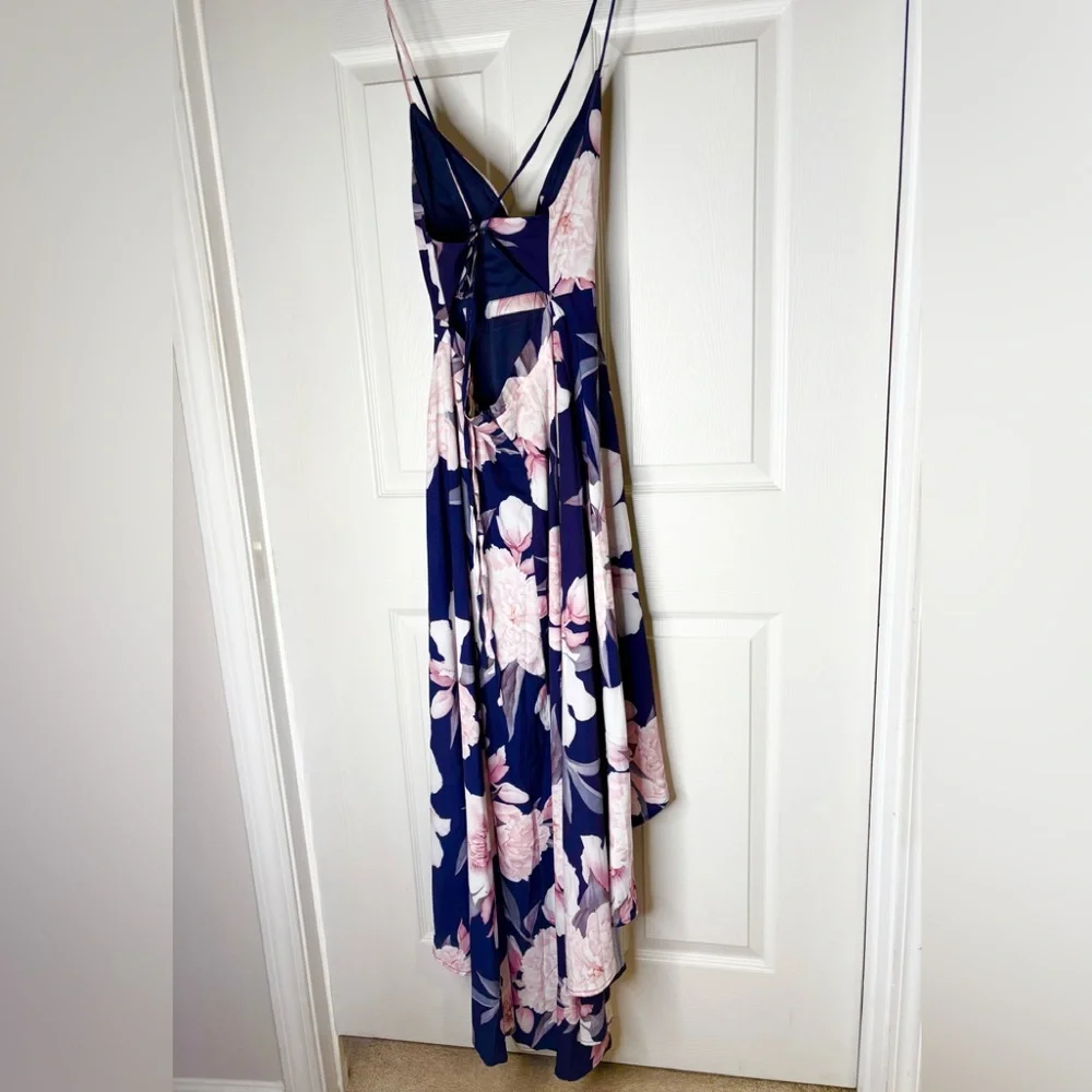 Luxxel Floral High-Low Boho Maxi Dress in Navy Pink White Flowers Hi-Lo Size S - Picture 5 of 6